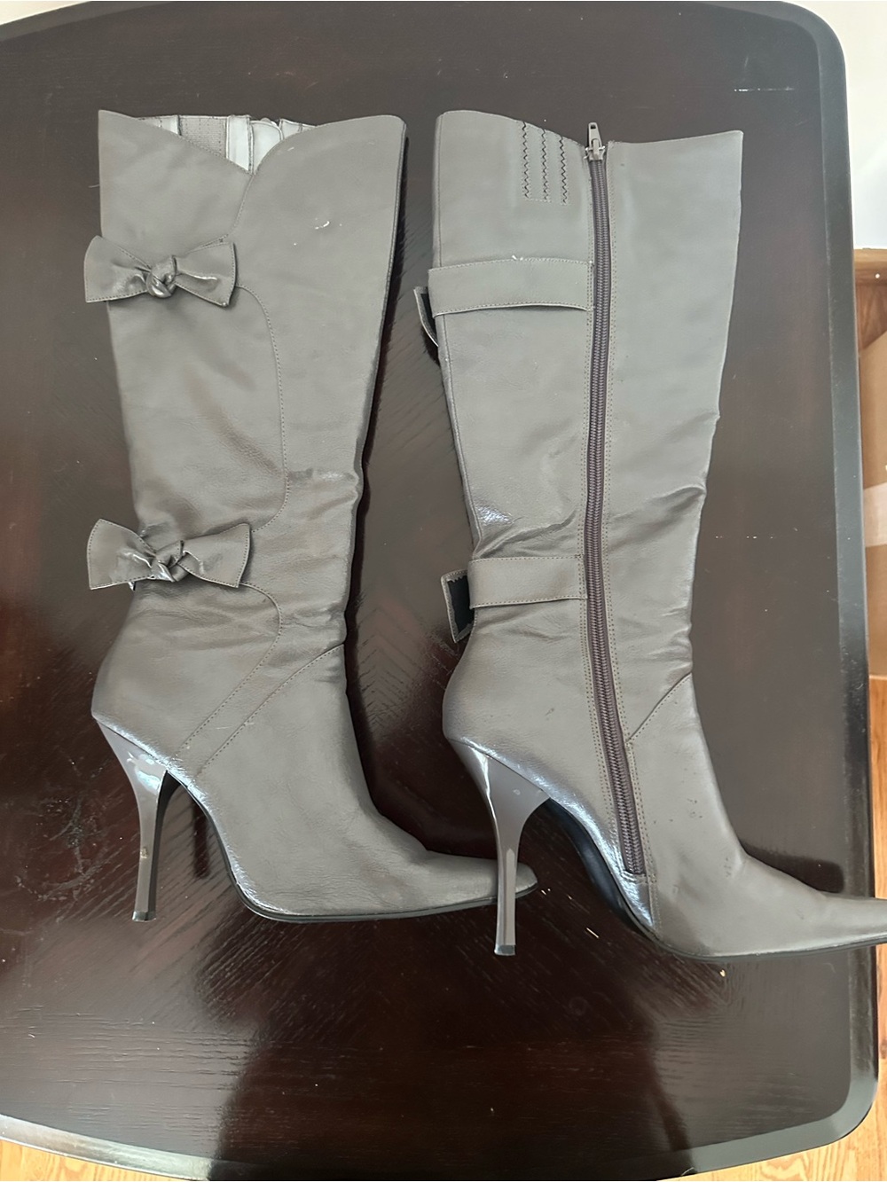 Diba Gray Knee-High Heeled Boots with Bow Accents